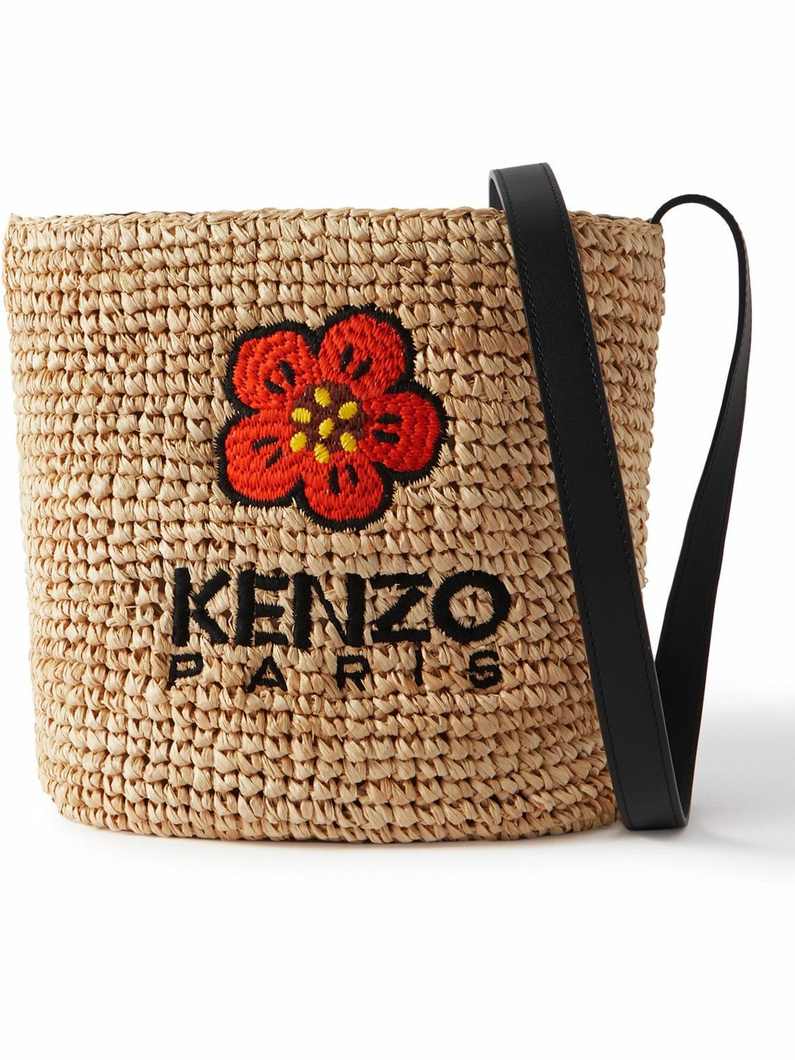 KENZO Large Embroidered LeatherTrimmed Raffia Messenger Bag Kenzo