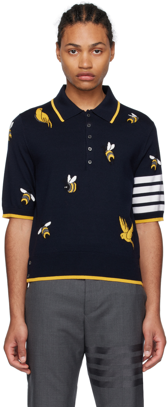 Thom Browne Navy Birds & Bees 4-Bar Polo Thom Browne