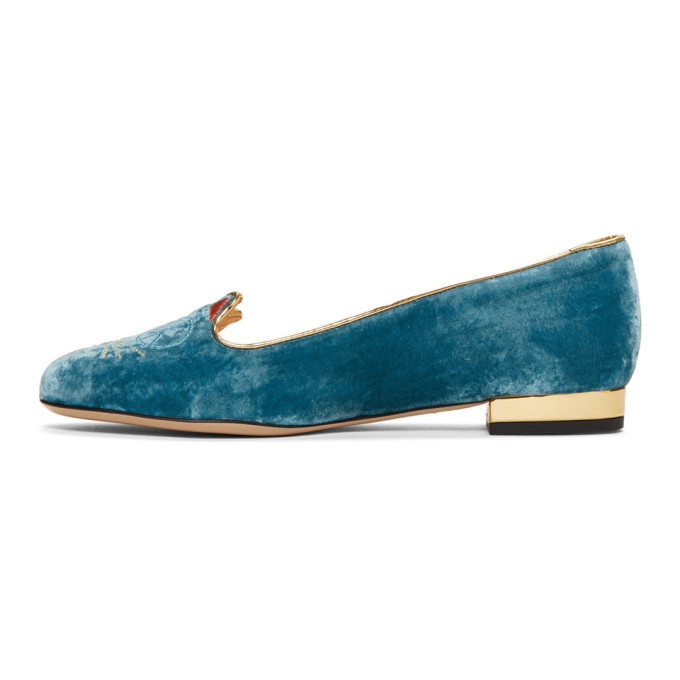 Charlotte Olympia Blue Velvet Peaceful Kitty Loafers Charlotte Olympia