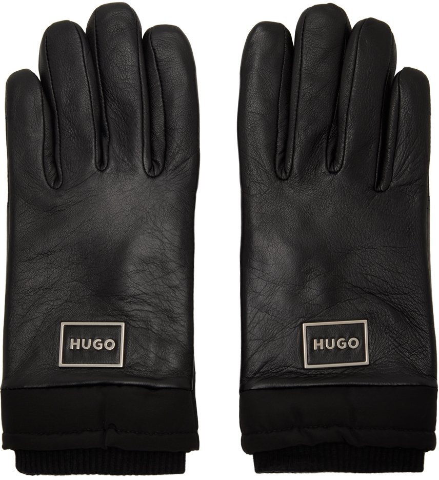 Hugo Black Leather Gloves Hugo Boss