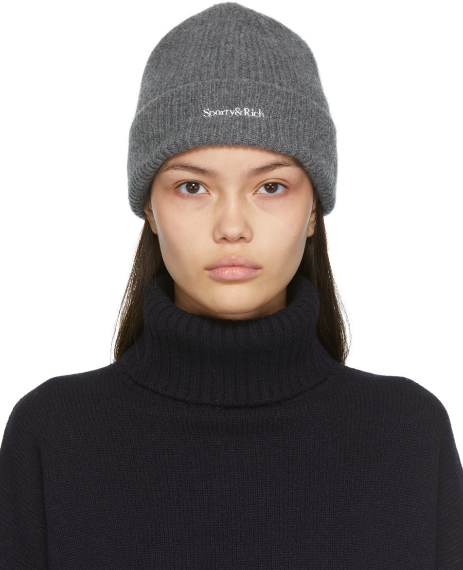 Sporty & Rich Grey Dina Serif Logo Beanie Sporty & Rich