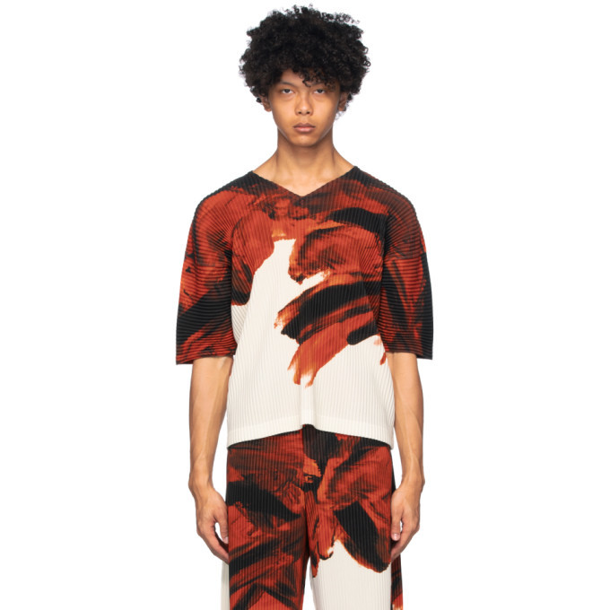 Homme Plisse Issey Miyake Red and White Action Painting V-Neck T 