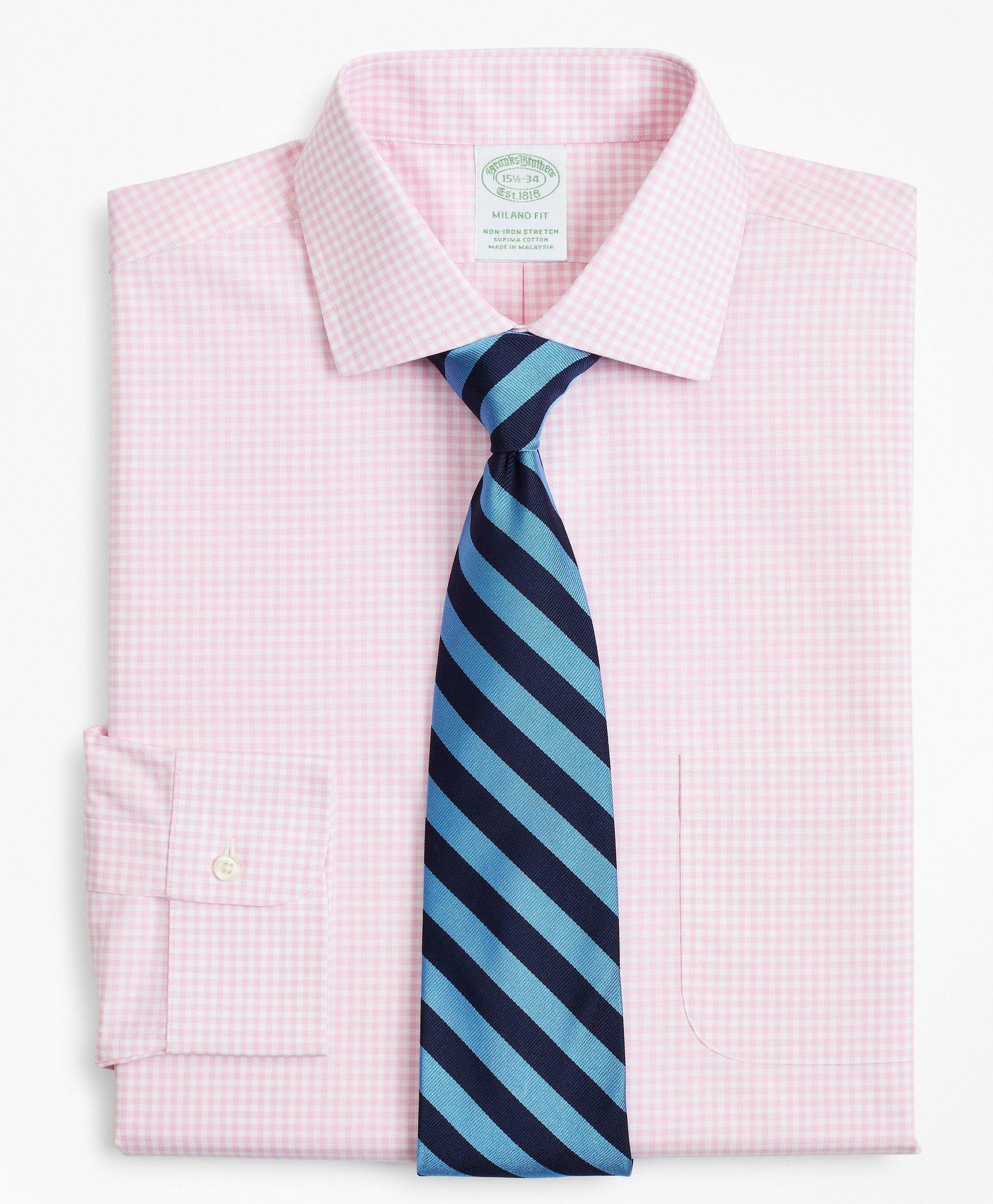 Brooks Brothers Men's Stretch Milano Slim-Fit Dress Shirt, Non-Iron Poplin English Collar Gingham | Pink