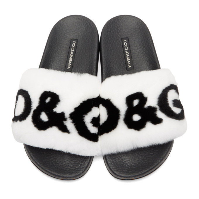 Dolce and Gabbana White and Black Fur Logo Slides Dolce & Gabbana