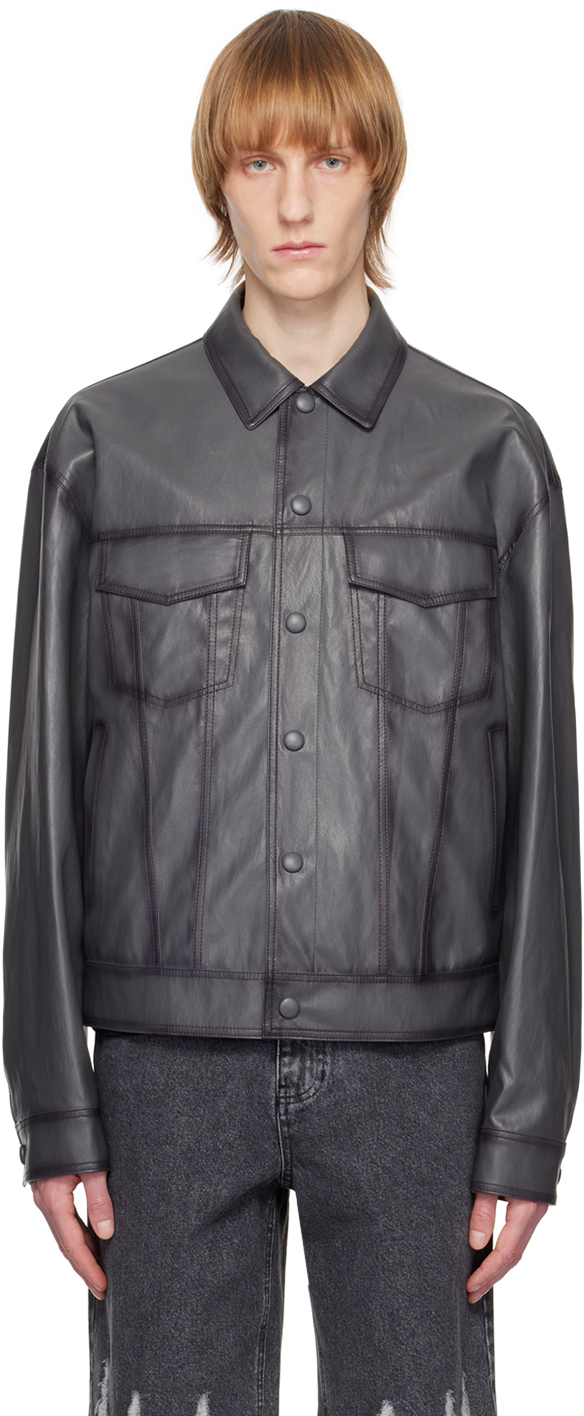 System Gray Spread Collar Faux-Leather Jacket System