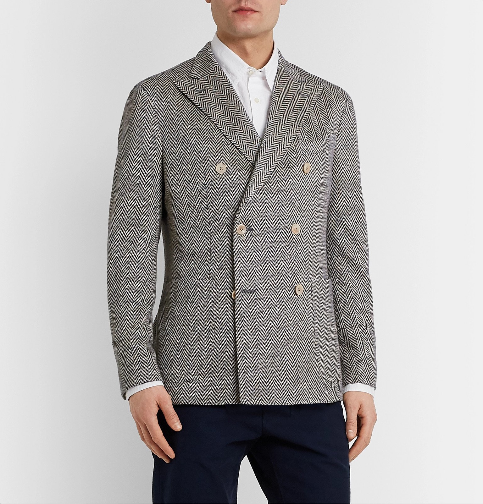 herringbone double breasted blazer