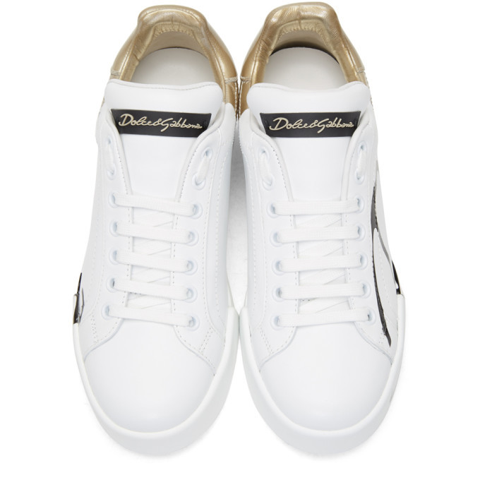 Dolce and Gabbana White and Gold Writing Sneakers Dolce & Gabbana