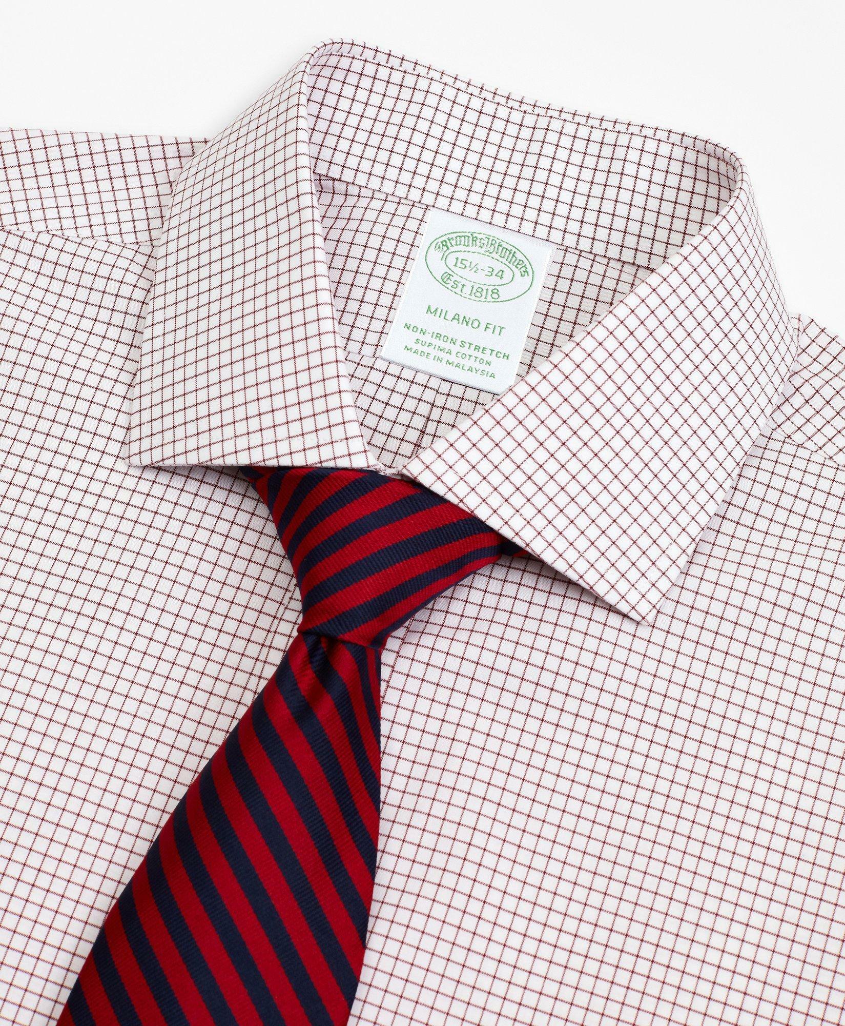 Brooks Brothers Men's Stretch Milano Slim-Fit Dress Shirt, Non-Iron Poplin English Collar Small Grid Check | Red