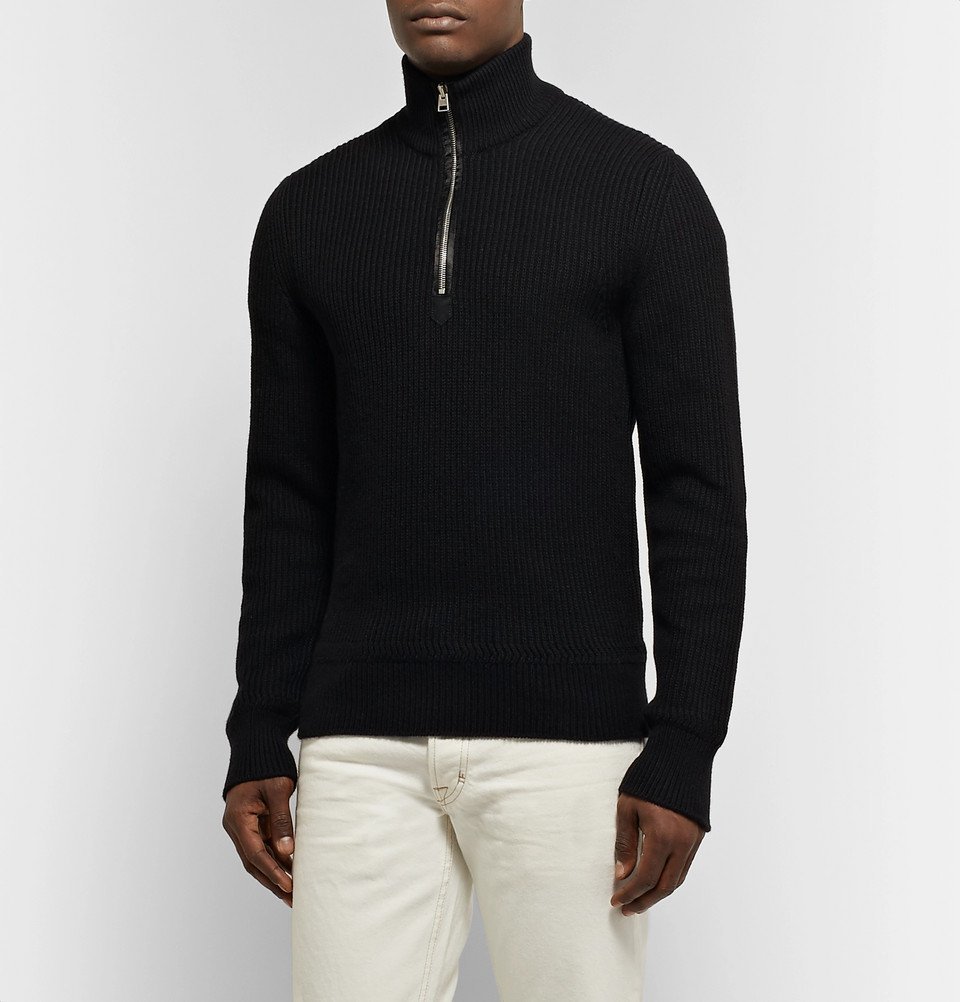 TOM FORD - Slim-Fit Ribbed Merino Wool and Cashmere-Blend Half-Zip Sweater  - Black TOM FORD
