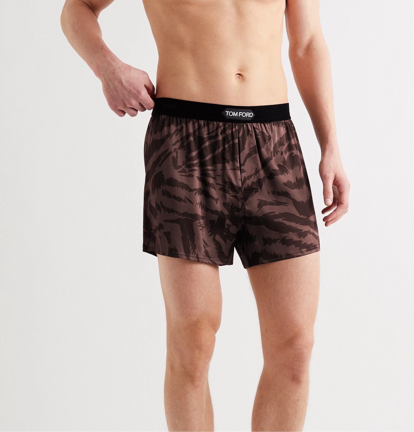 TOM FORD - Velvet-Trimmed Zebra-Print Stretch-Silk Satin Boxer Shorts -  Brown TOM FORD