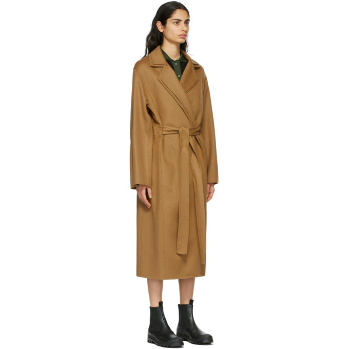 tan belted wool coat