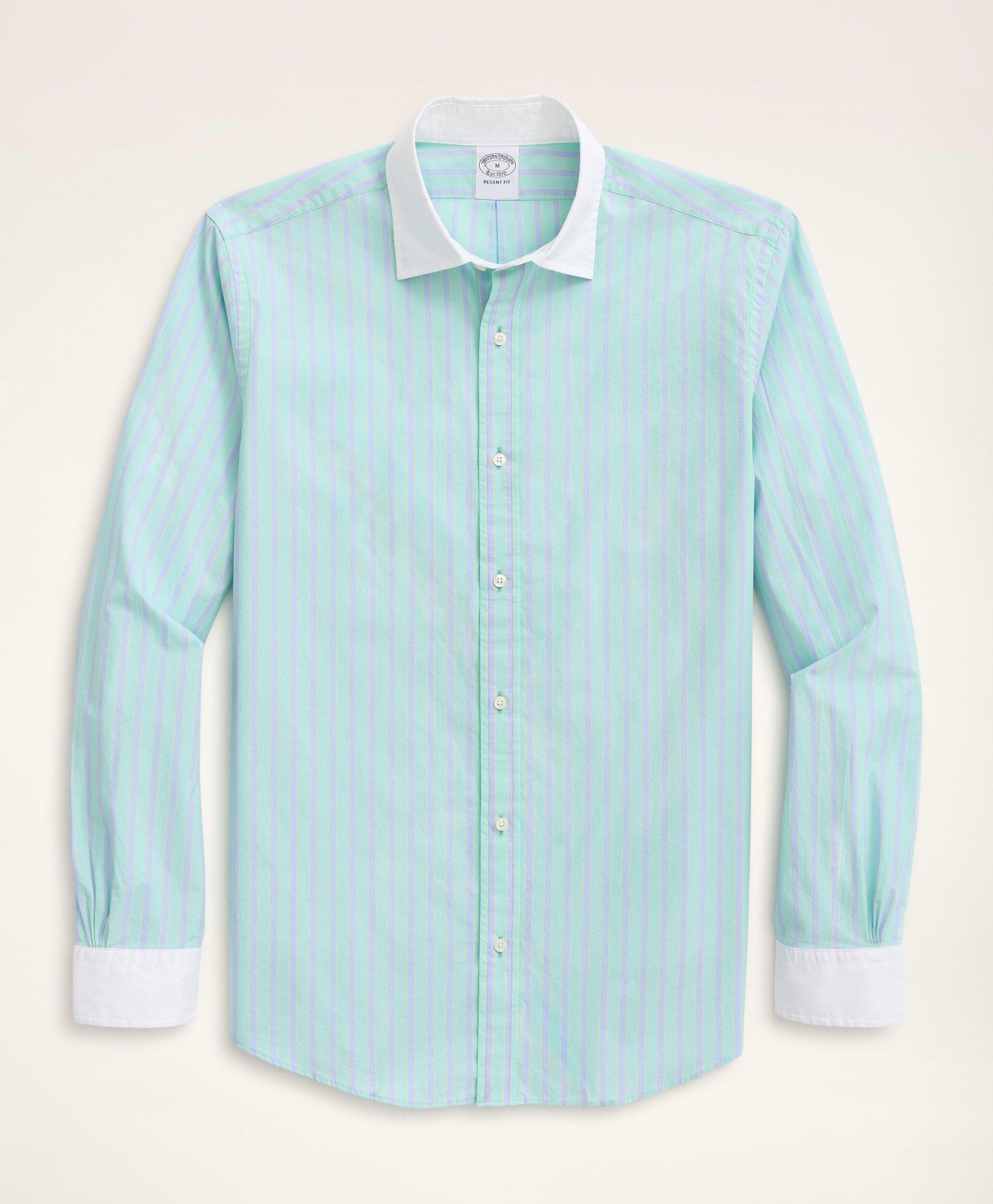 Brooks Brothers Men's Regent Regular-Fit Sport Shirt, Poplin Contrast English Collar Stripe | Green
