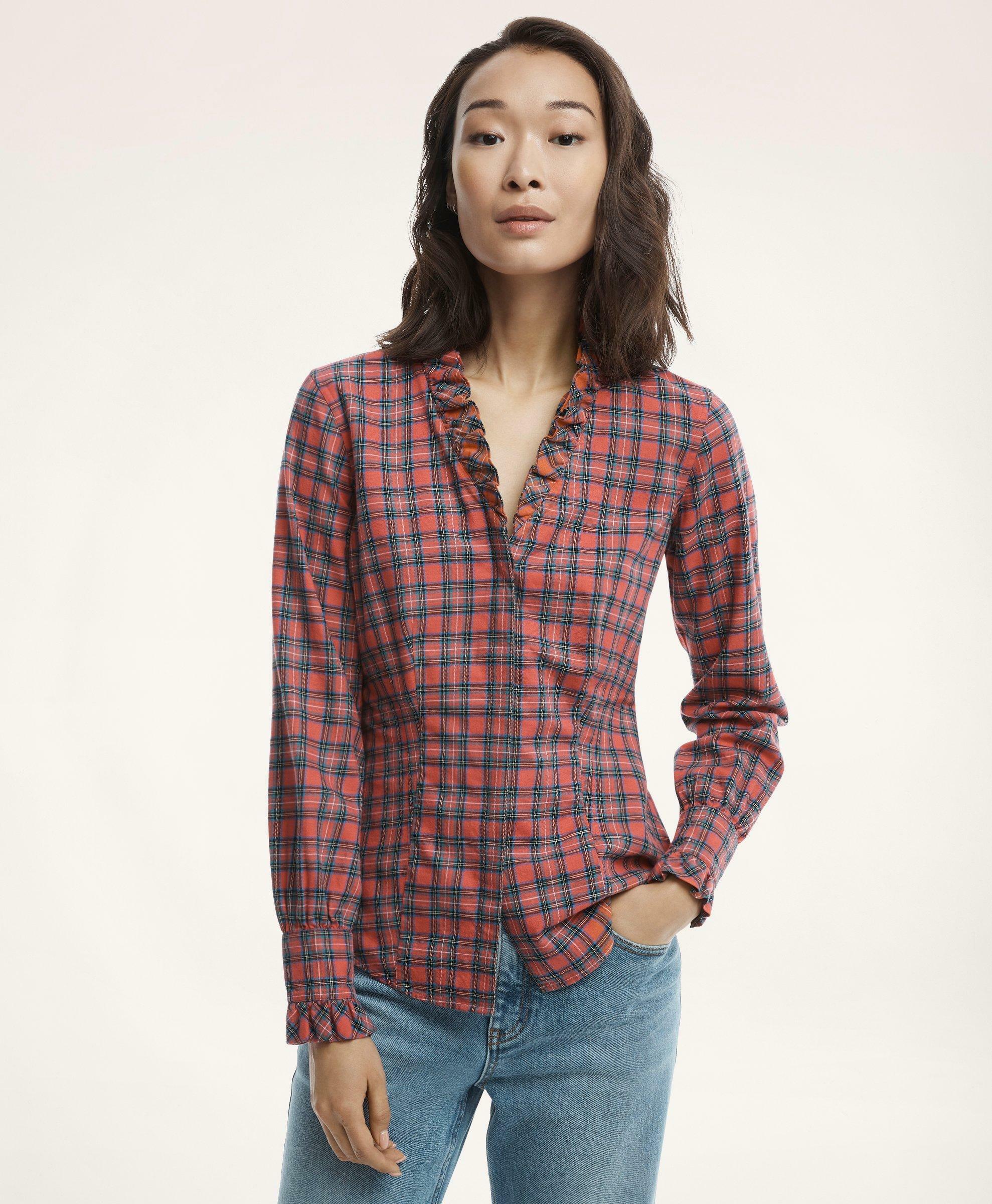 Brooks Brothers Women's Fitted Cotton Wool Ruffle Flannel Shirt | Red