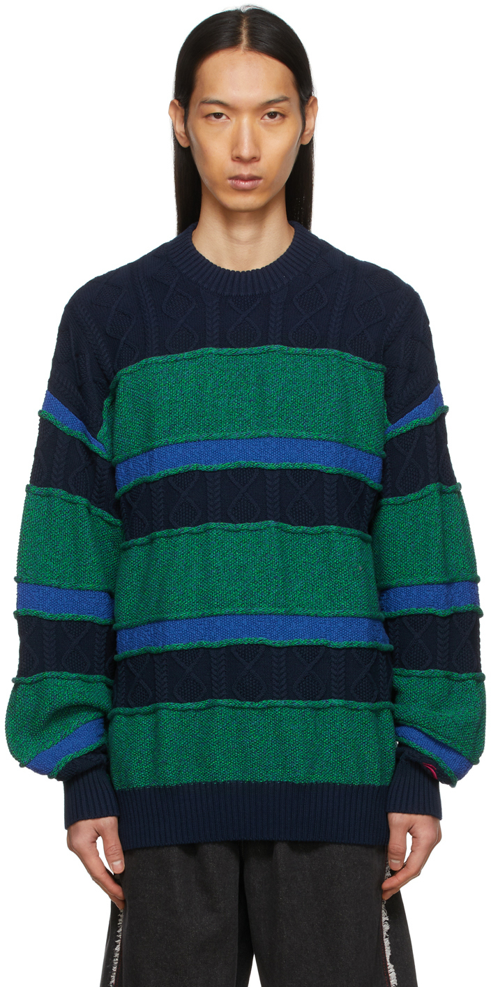 navy and green striped jumper