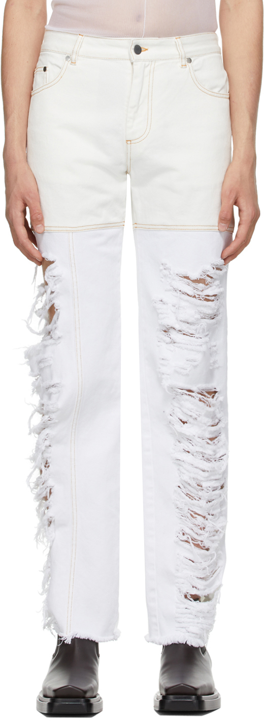 Peter Do White Asymmetric Combo Rip Jeans Peter Do