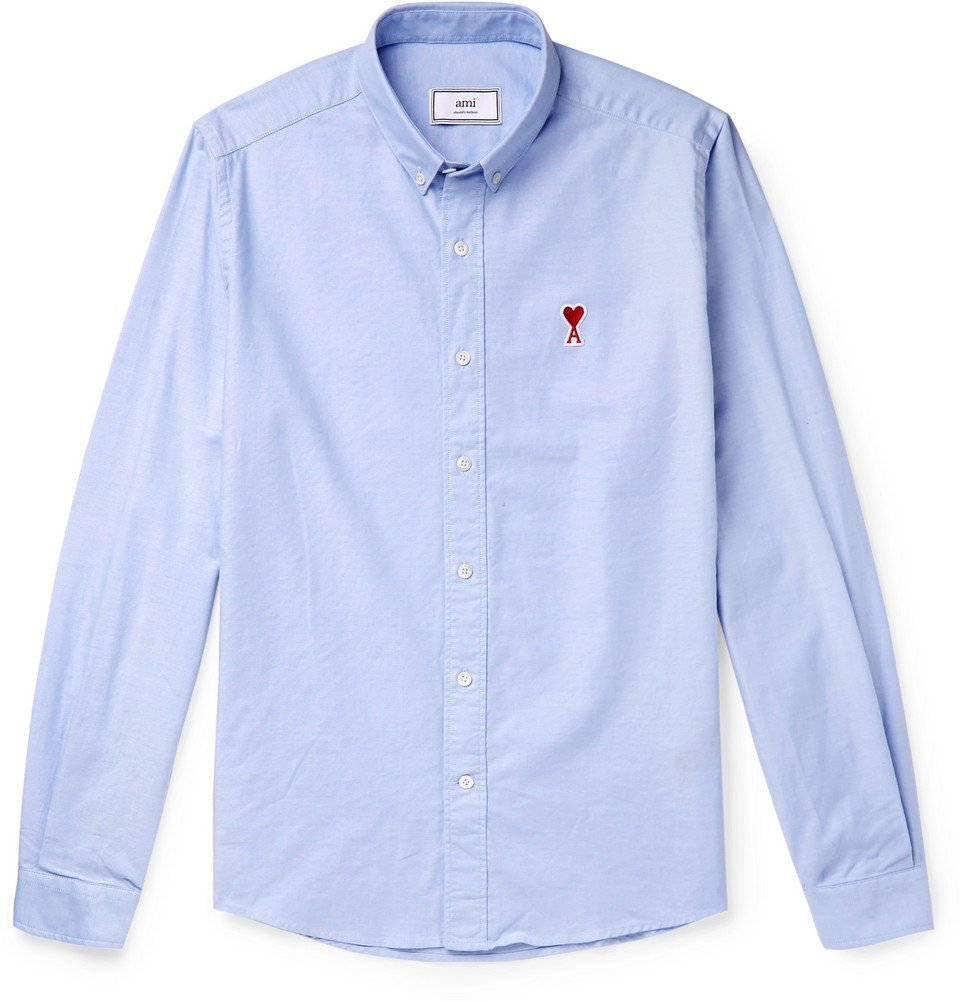 AMI - Button-Down Collar Logo-Appliquéd Cotton Oxford Shirt - Blue AMI