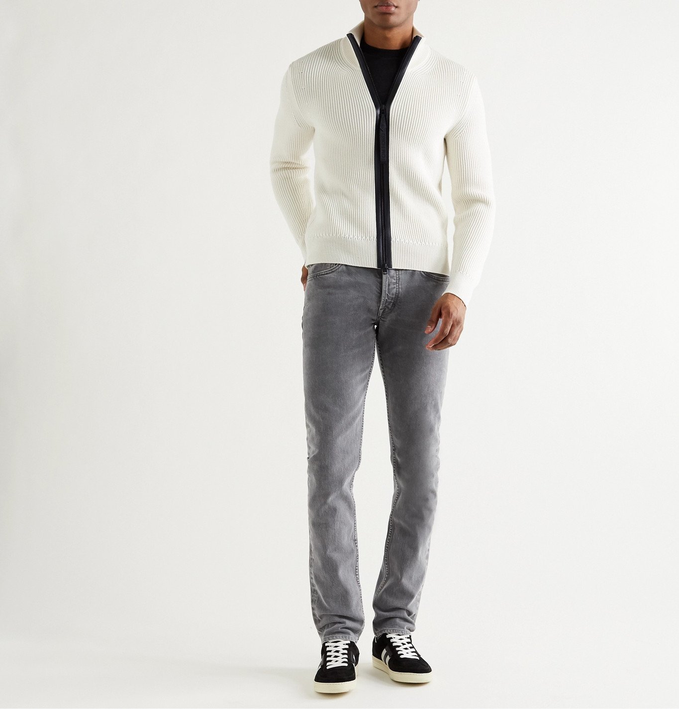 TOM FORD - Leather-Trimmed Ribbed Wool and Cashmere-Blend Zip-Up Cardigan -  Neutrals TOM FORD