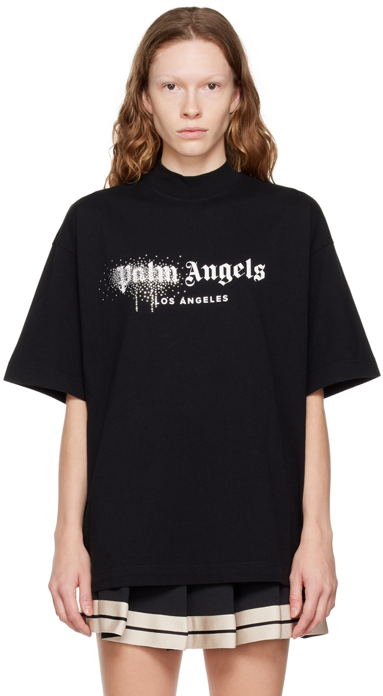 Palm Angels Black Rhinestone Sprayed T-Shirt Palm Angels