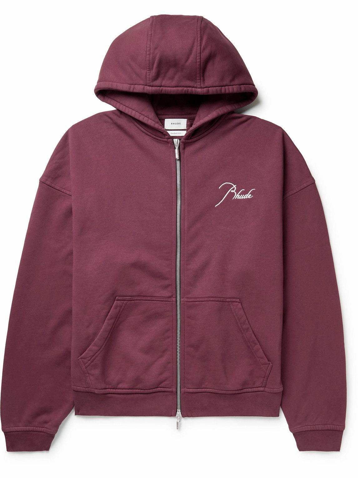 Rhude LogoEmbroidered CottonJersey ZipUp Hoodie Burgundy Rhude