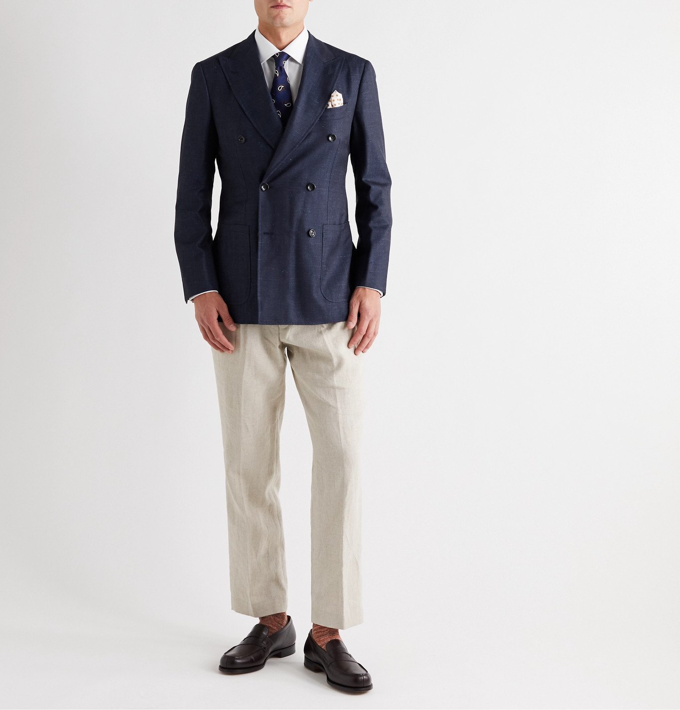 Beams F - Unstructured Double-Breasted Wool, Silk and Linen-Blend Denim ...