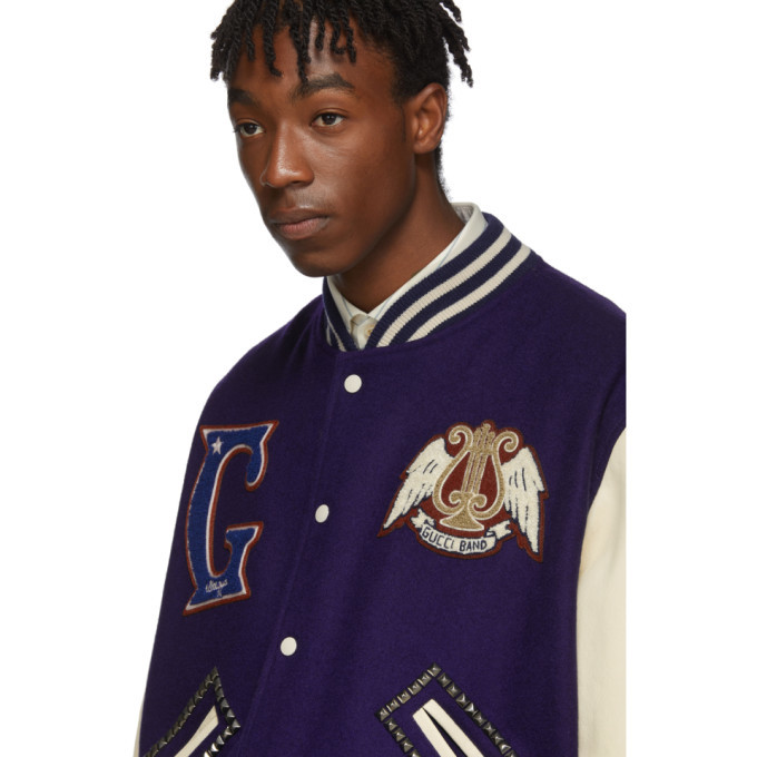 Gucci Blue and Off-White Gucci Band Varsity Jacket Gucci
