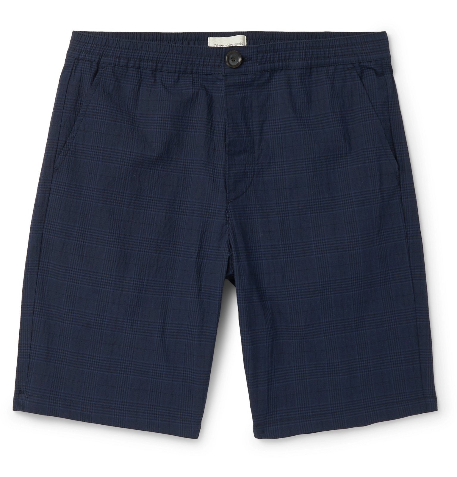 Oliver Spencer - Prince of Wales Checked Cotton-Blend Seersucker Drawstring Shorts - Blue