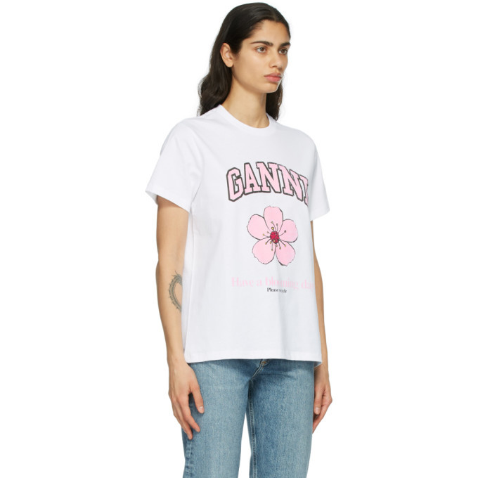 GANNI White Cotton Cherry Blossom T-Shirt GANNI