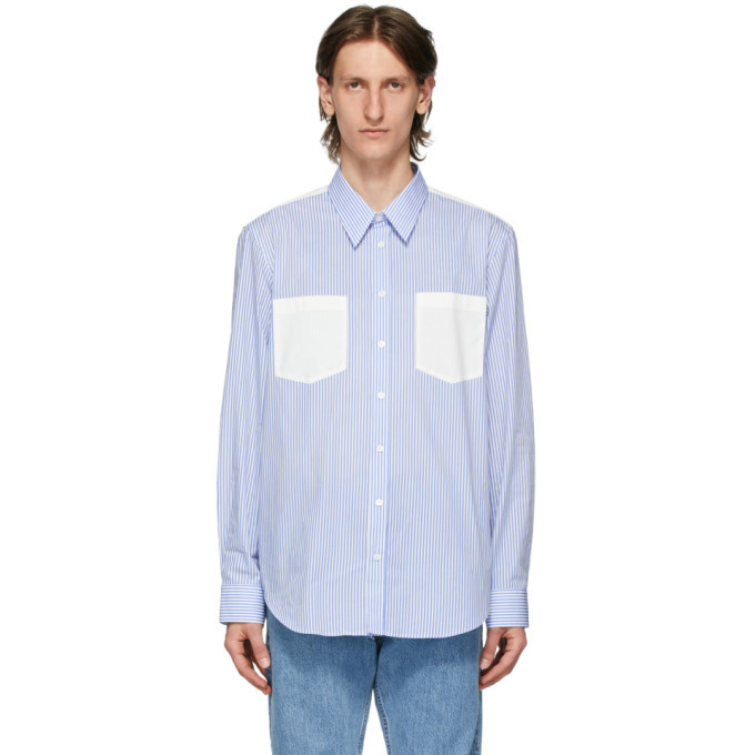 Helmut Lang Blue and White Striped Logo Shirt Helmut Lang