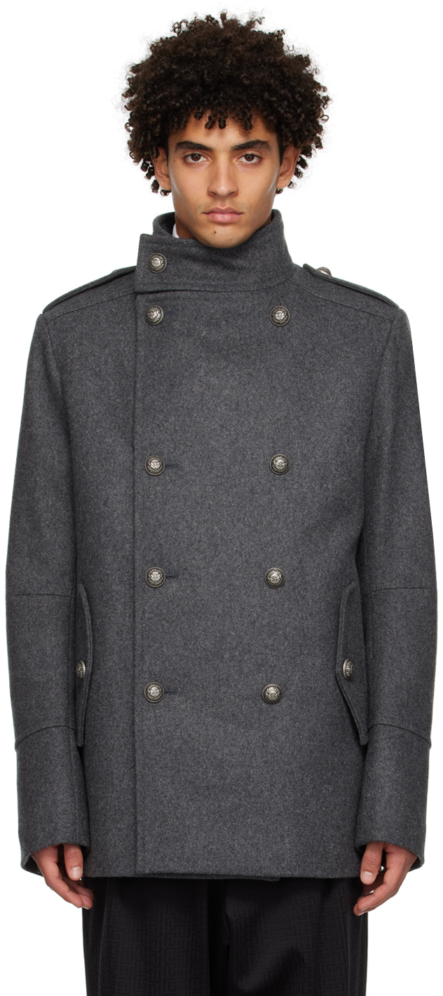 Balmain Gray Officer Coat Balmain