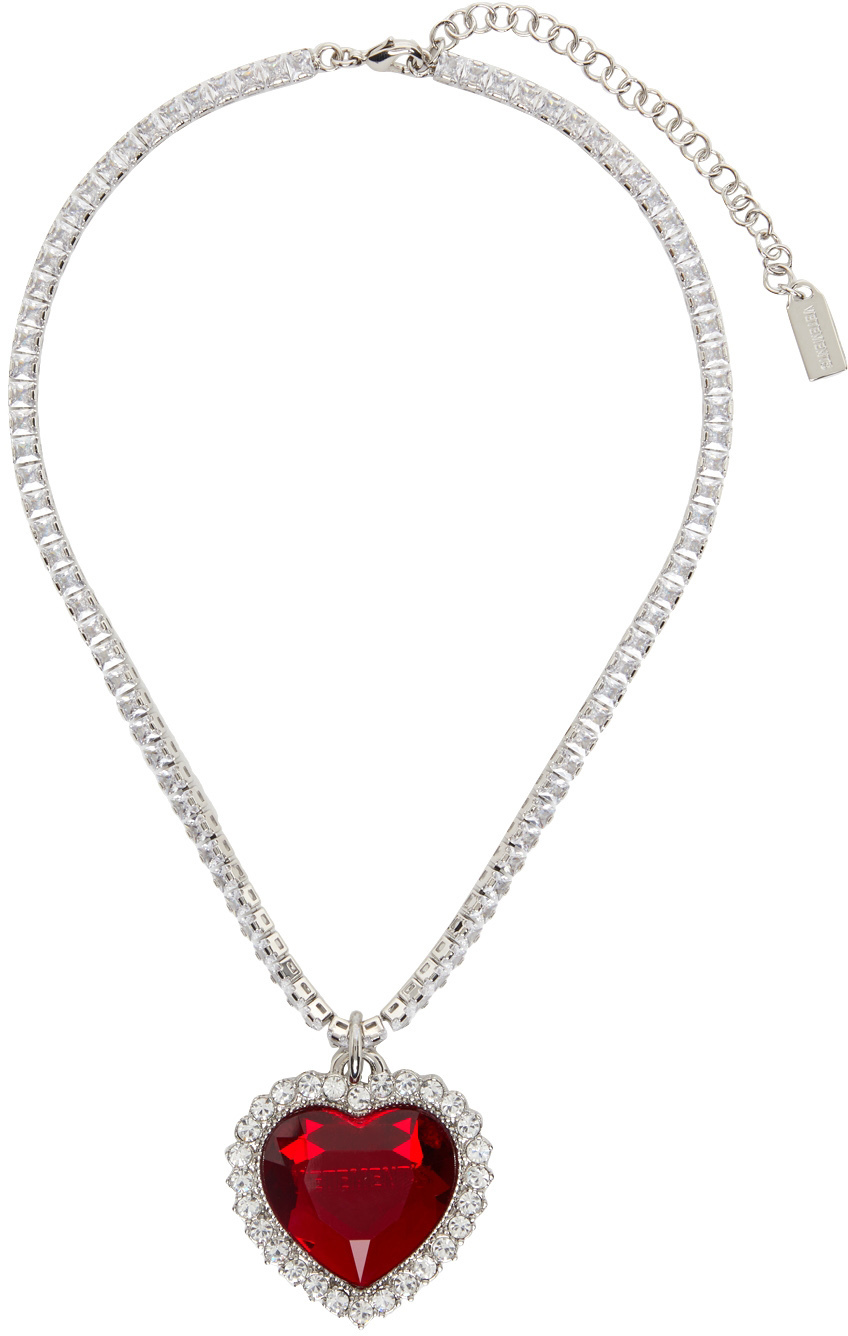 VETEMENTS Silver & Red Crystal Heart Necklace Vetements