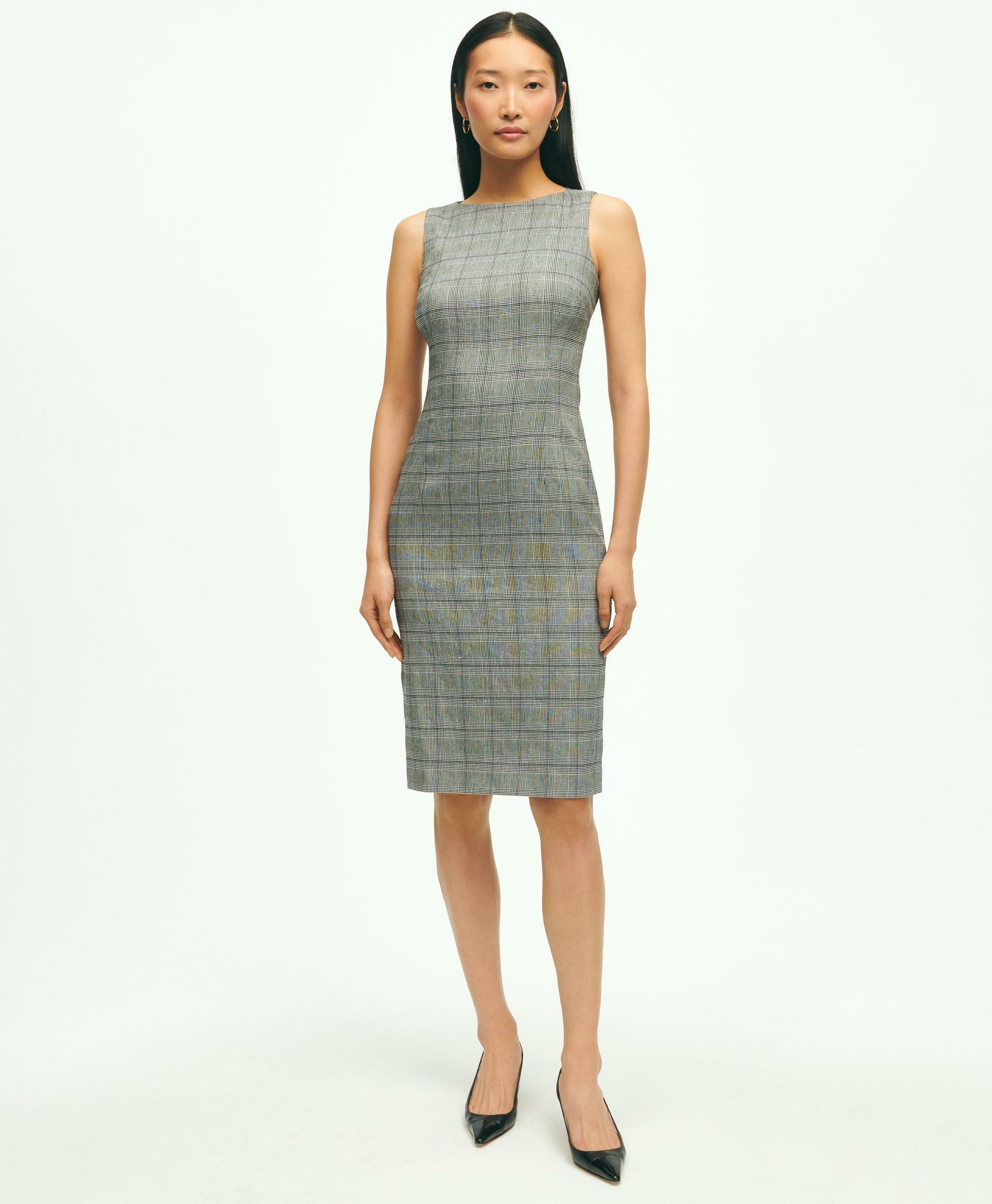 Brooks Brothers Women's Linen Blend Glen Plaid Sheath Dress | Light Grey