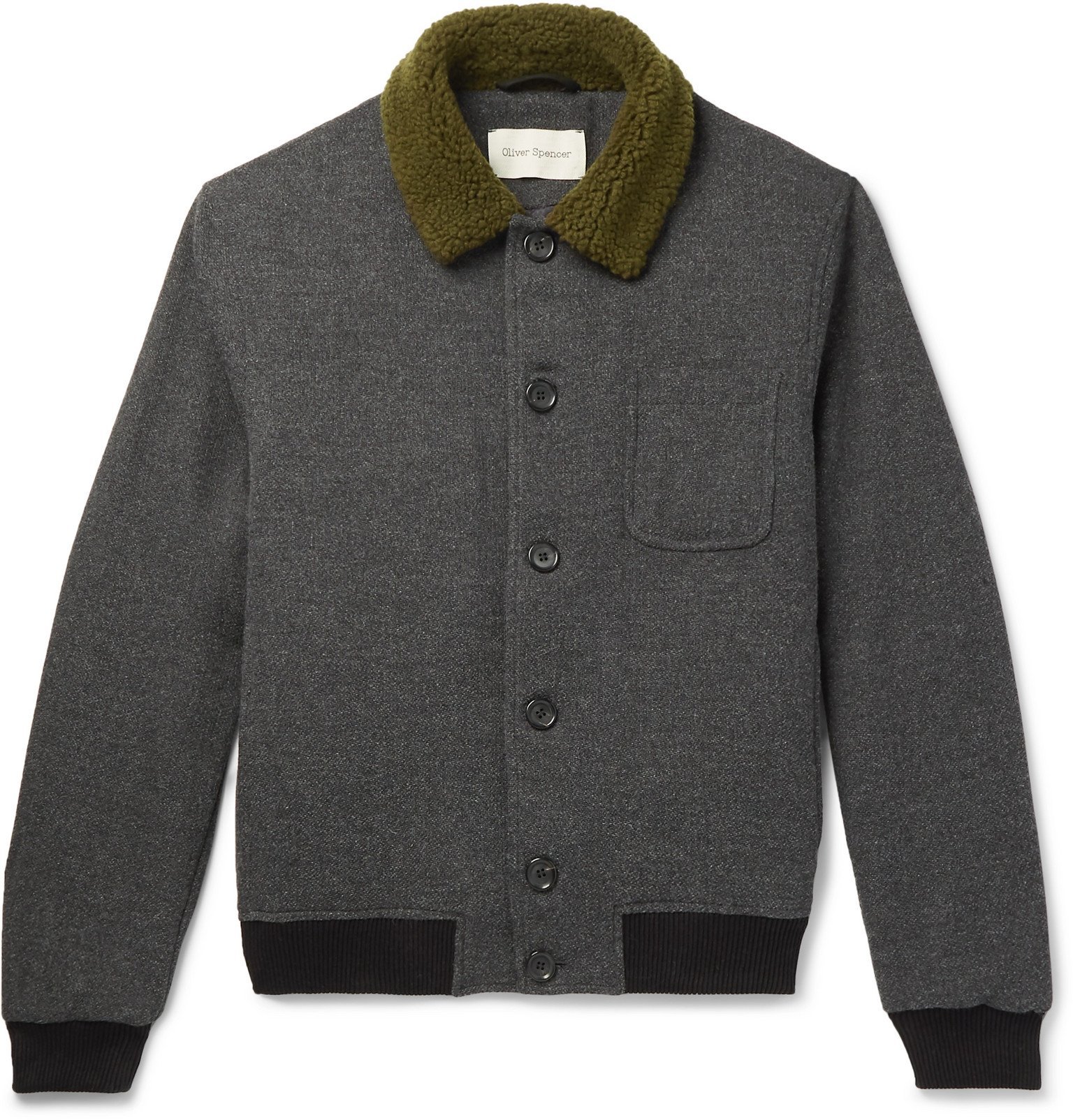 Photo: Oliver Spencer - Foxham Faux Shearling-Trimmed Mélange Wool and Cotton-Blend Bomber Jacket - Gray
