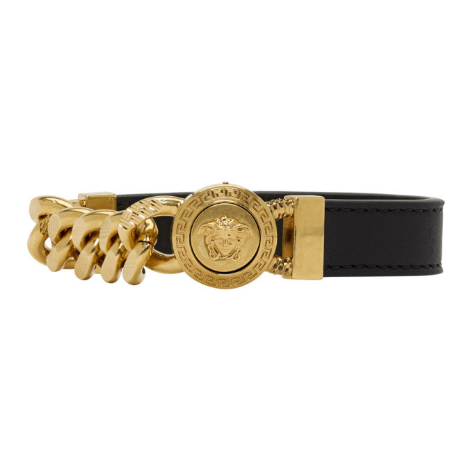 Versace Black and Gold Leather Medusa Bracelet Versace