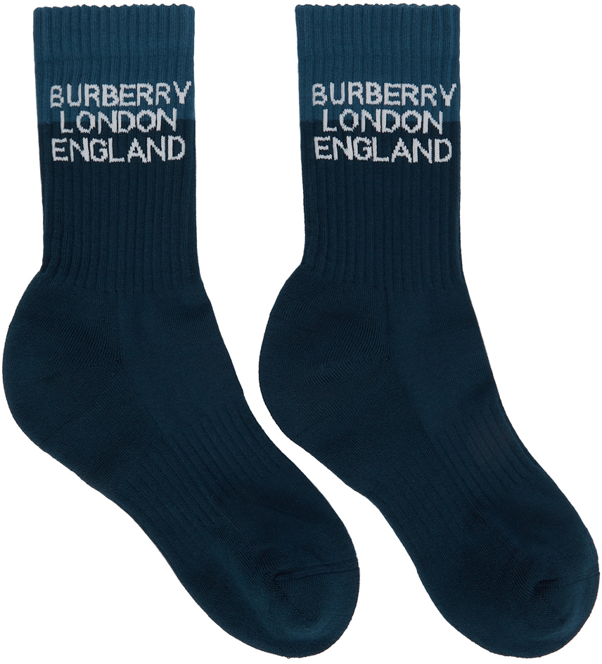Burberry Navy Two-Tone Logo Intarsia Socks Burberry