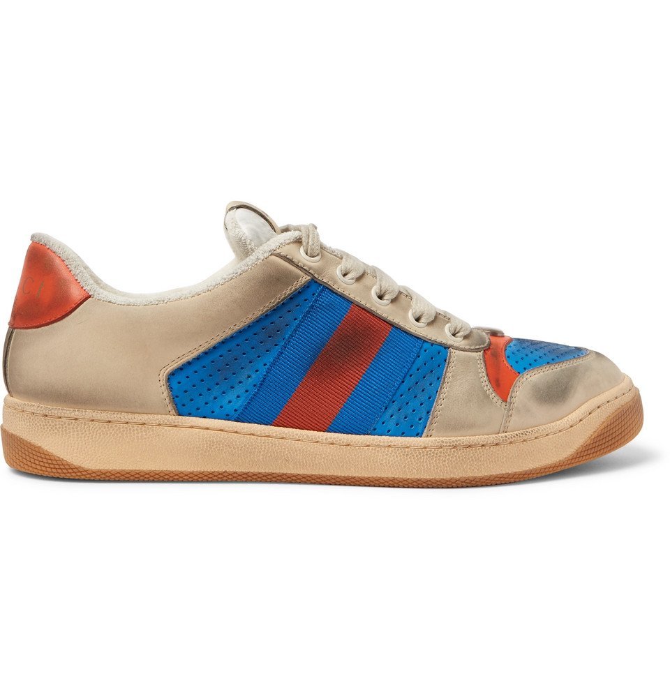 Gucci - Virtus Distressed Leather and Webbing Sneakers - Blue Gucci