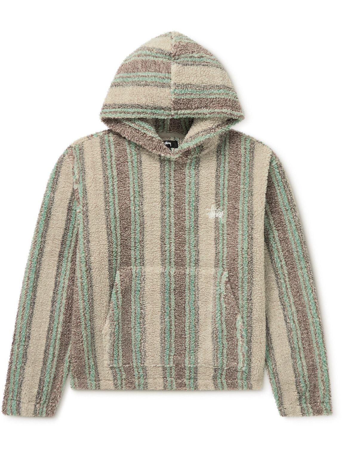 Stussy - Logo-Embroidered Striped Fleece Hoodie - Brown Stussy