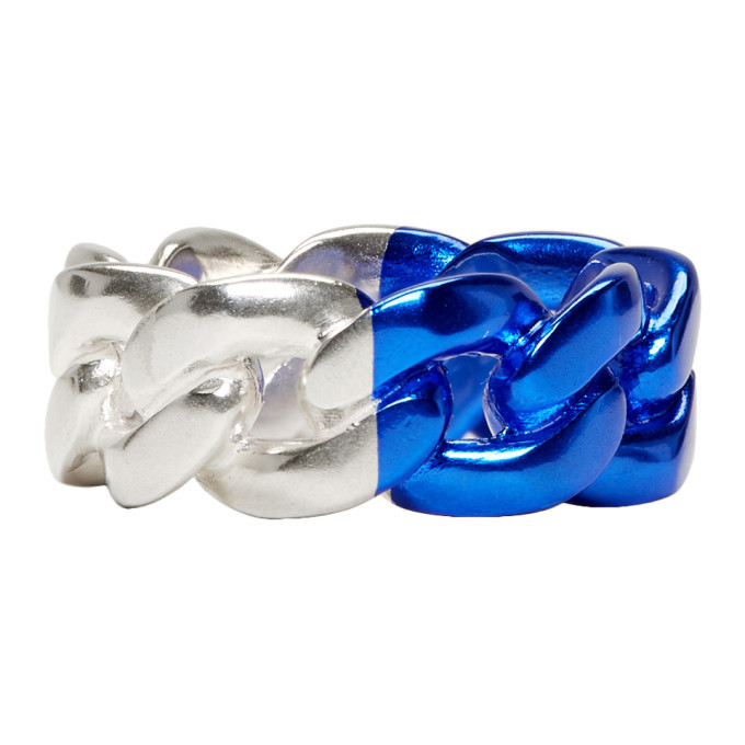 Maison Margiela Silver and Blue Chain-Link Ring Maison Margiela