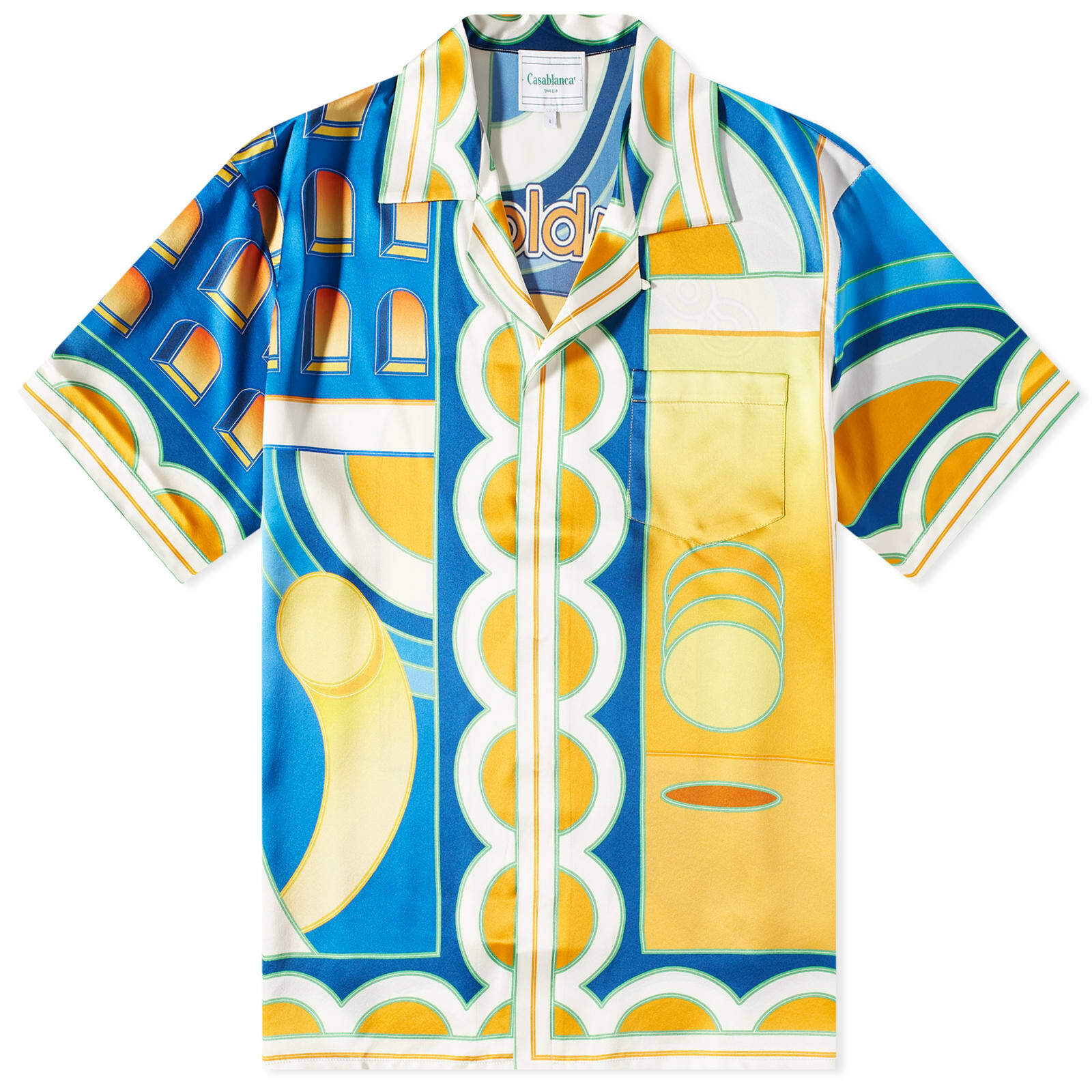 Casablanca Men's Paysage Short Sleeve Silk Shirt in Blue/Yellow Casablanca