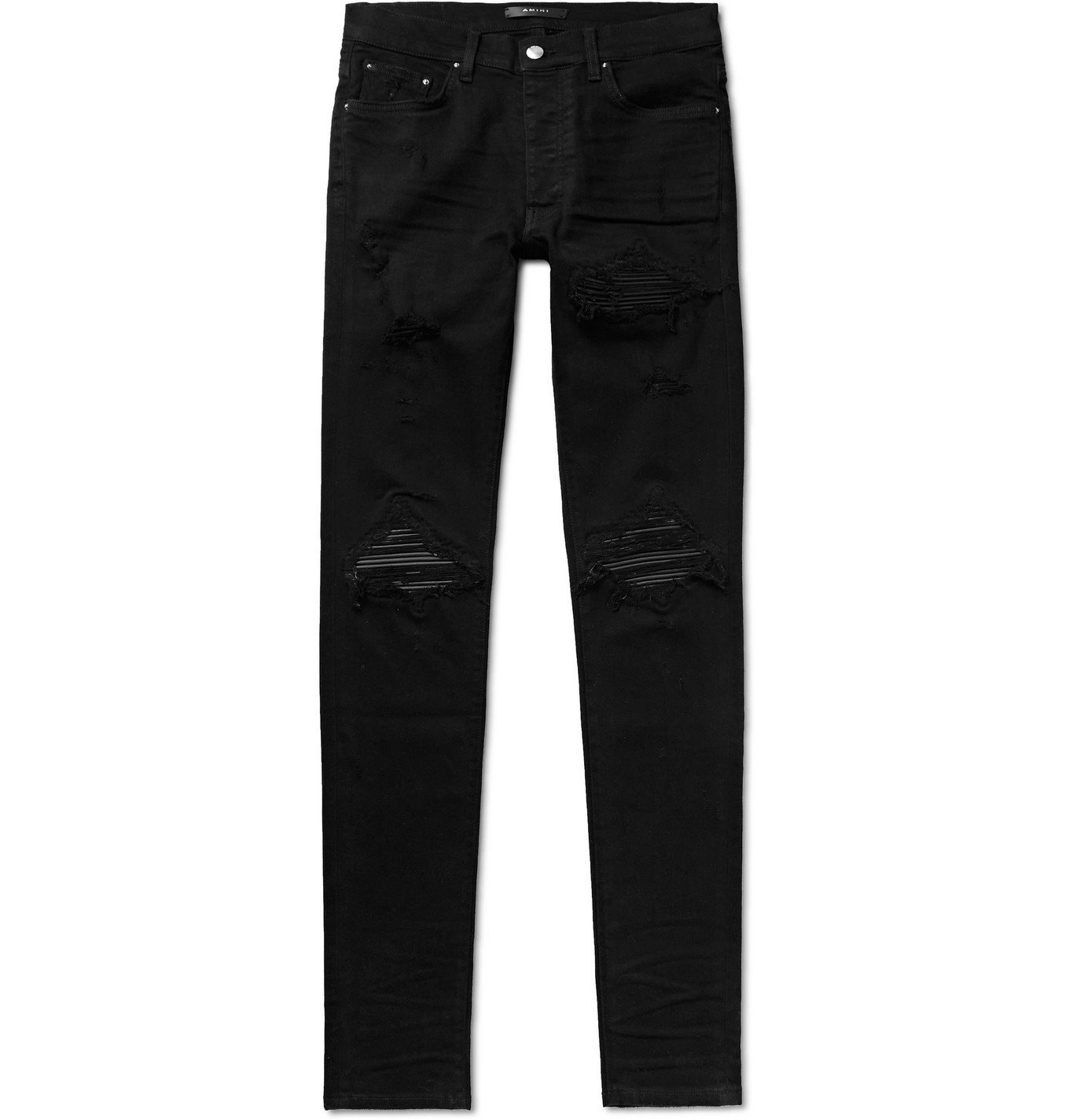 AMIRI - MX1 Skinny-Fit Leather-Panelled Distressed Stretch-Denim Jeans ...