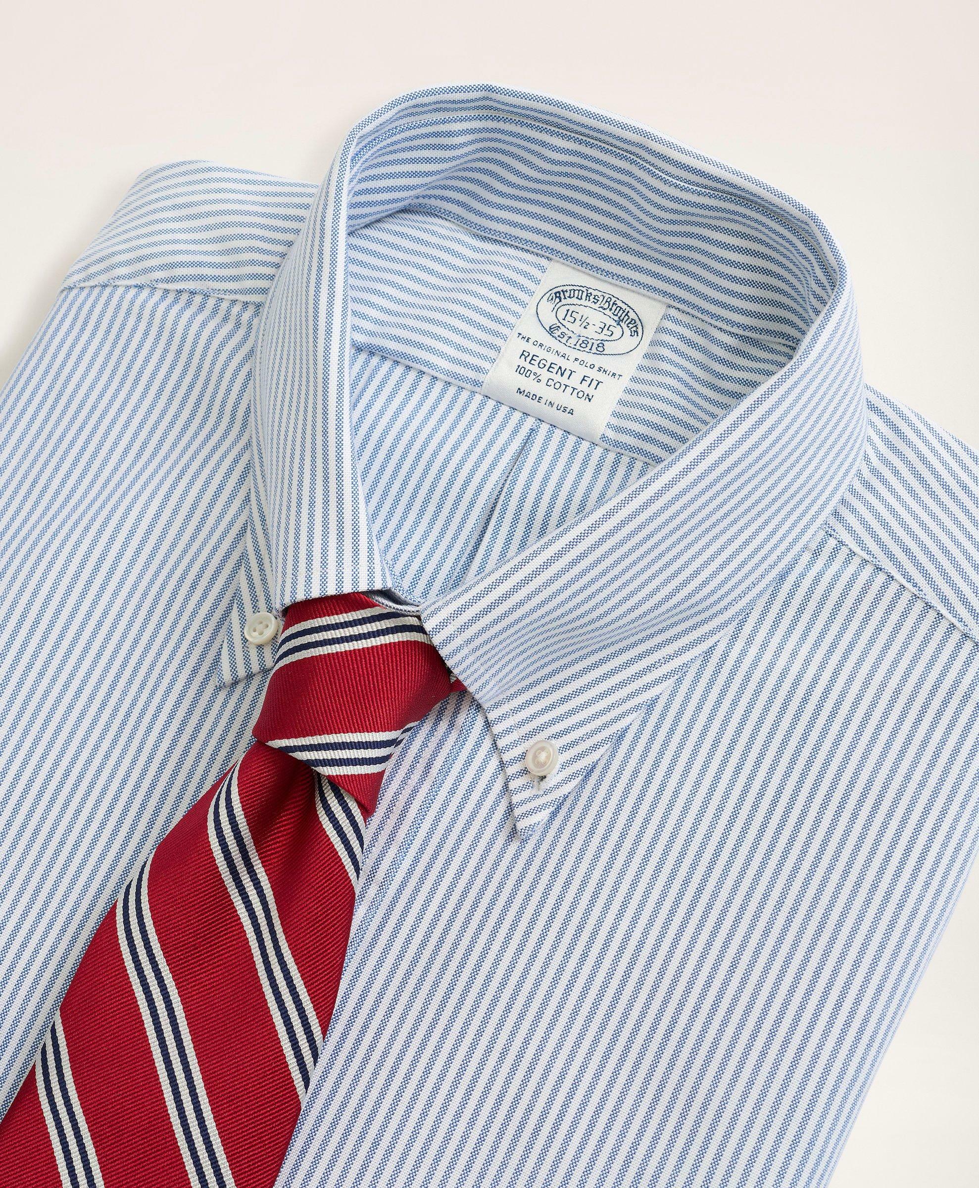Brooks Brothers Men's Regent Regular-Fit American-Made Oxford Cloth Button-Down Stripe Dress Shirt | Blue
