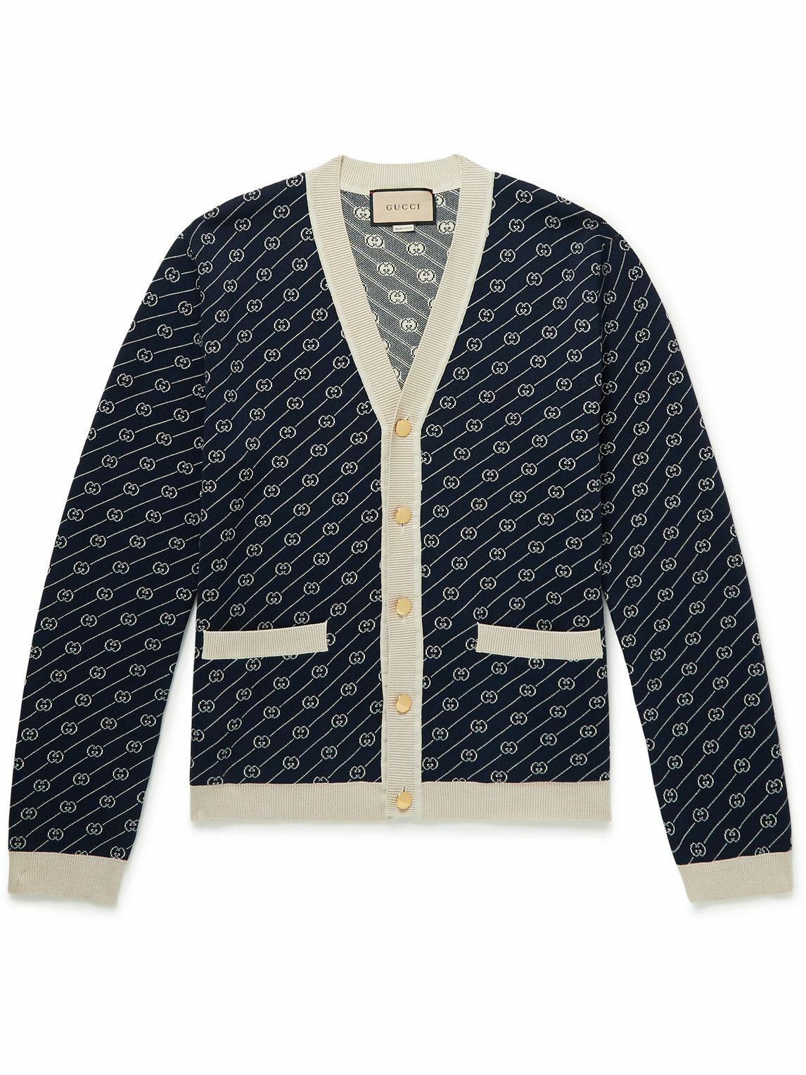 GUCCI - Slim-Fit Logo-Jacquard Cotton and Silk-Blend Cardigan - Blue Gucci