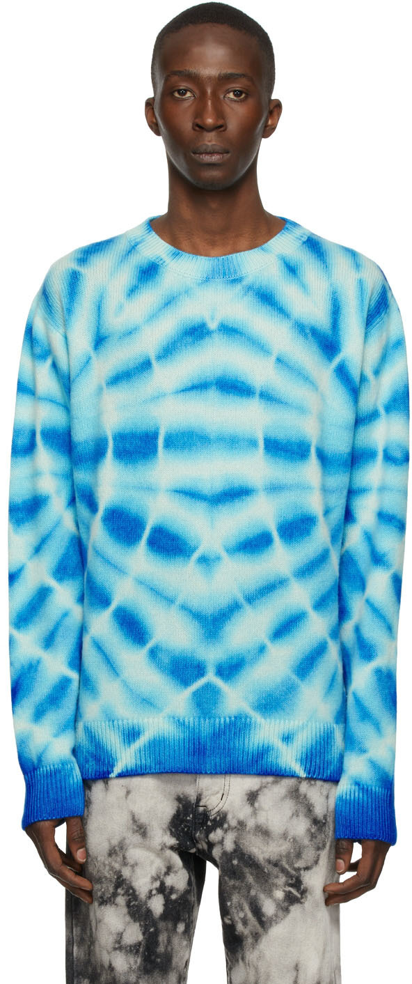 The Elder Statesman White u0026 Blue Web Flare Simple Sweater The Elder  Statesman