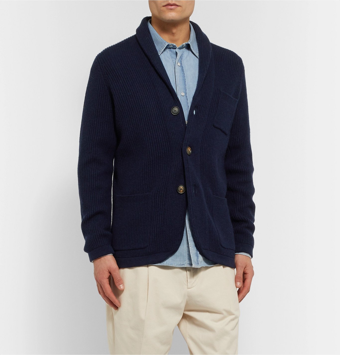 Brunello Cucinelli - Shawl-Collar Ribbed Virgin Wool, Cashmere and Silk ...