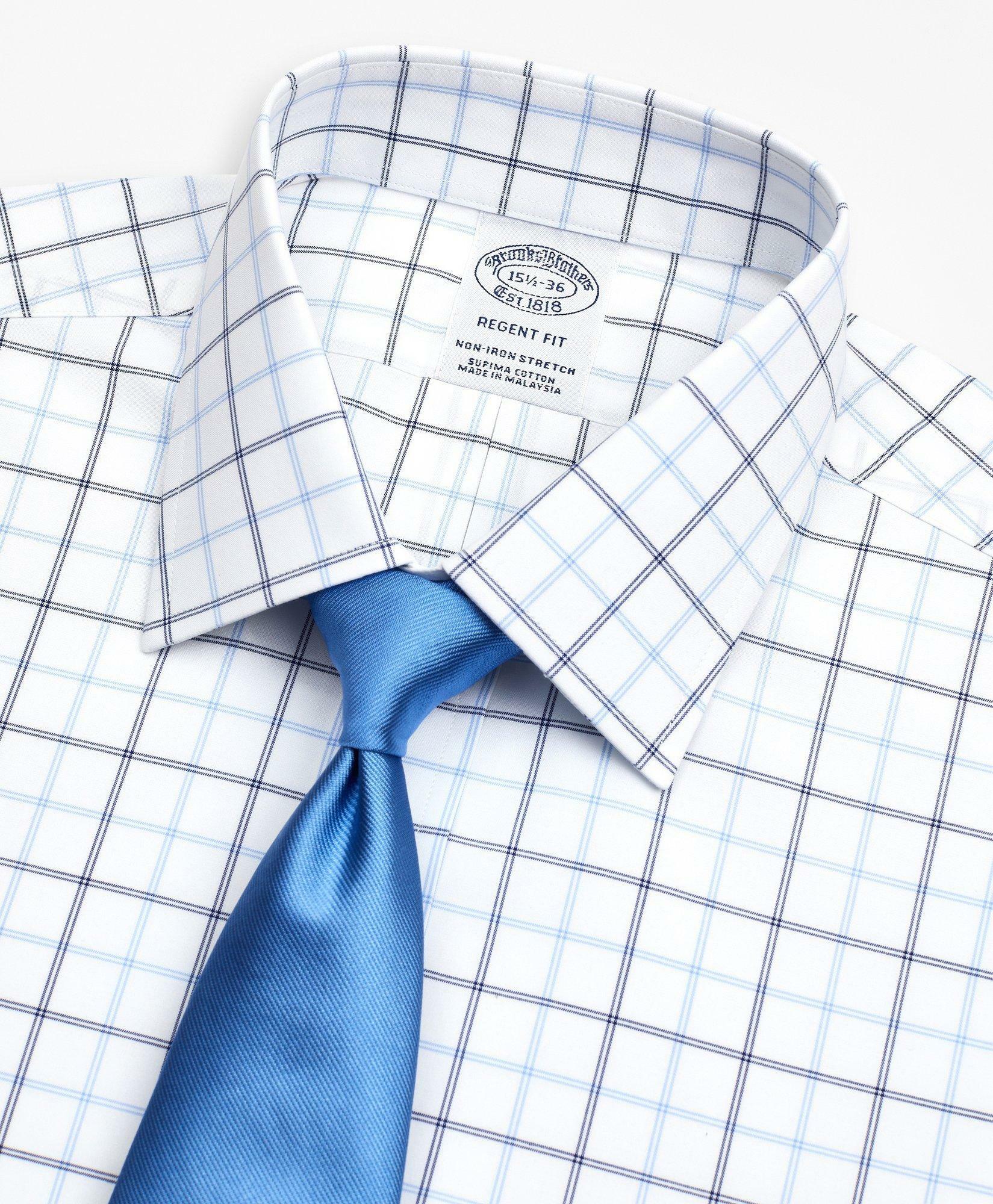 Brooks Brothers Men's Stretch Regent Regular-Fit Dress Shirt, Non-Iron Poplin Ainsley Collar Double-Grid Check | Blue