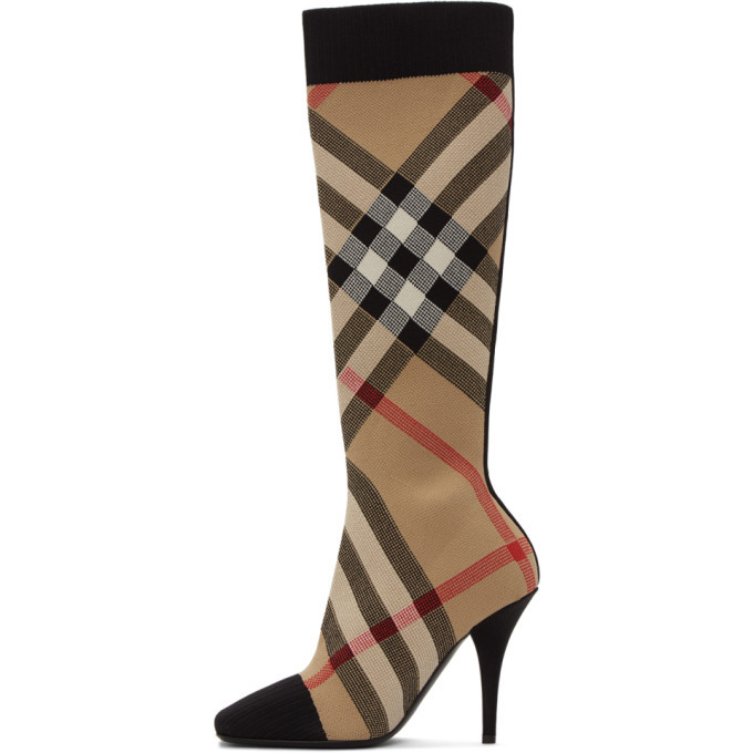Burberry Beige Check Stretch Knit Sock Boots Burberry
