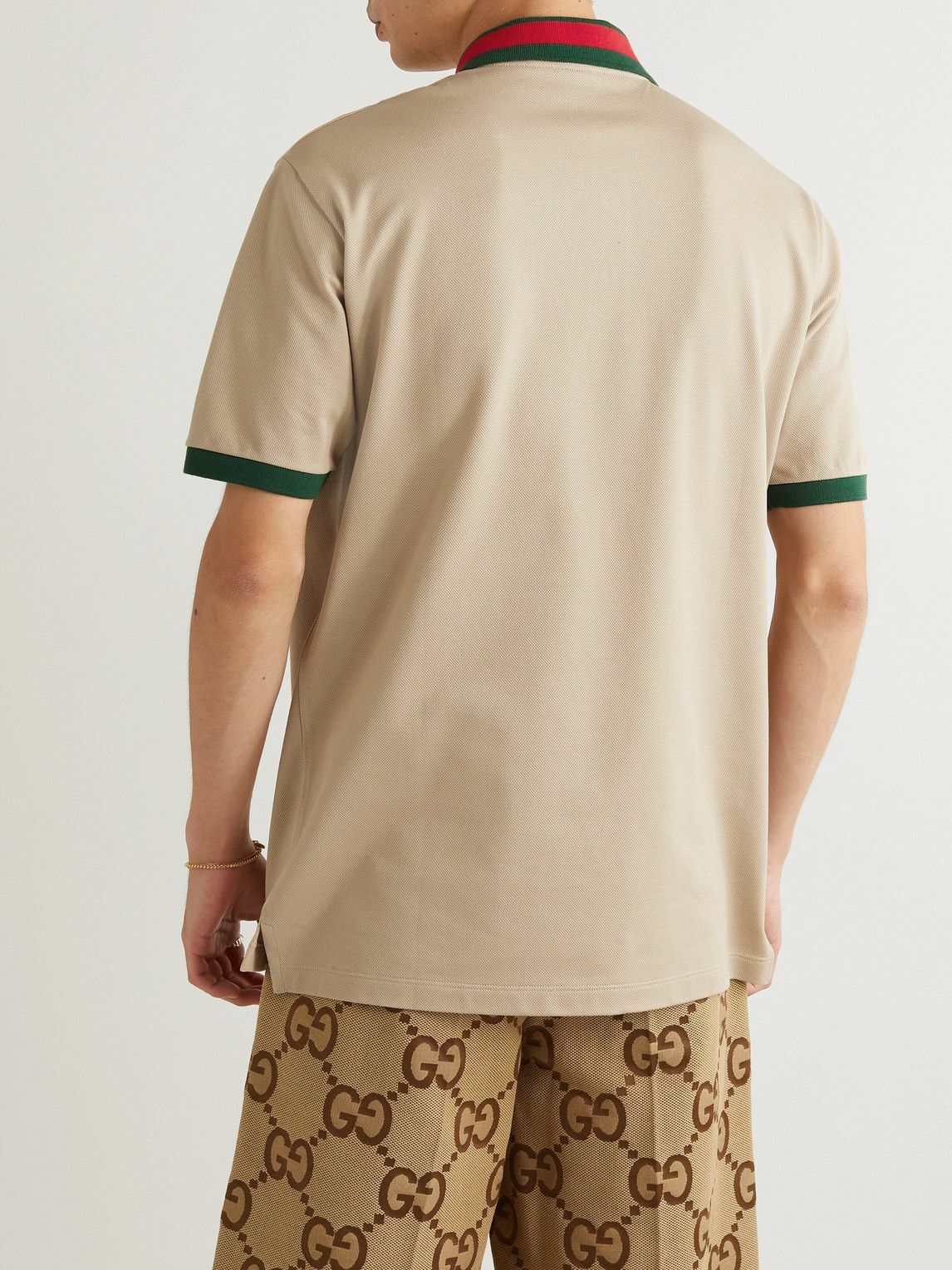 Gucci Logo Embroidered Stretch Cotton Piqué Polo Shirt Neutrals Gucci