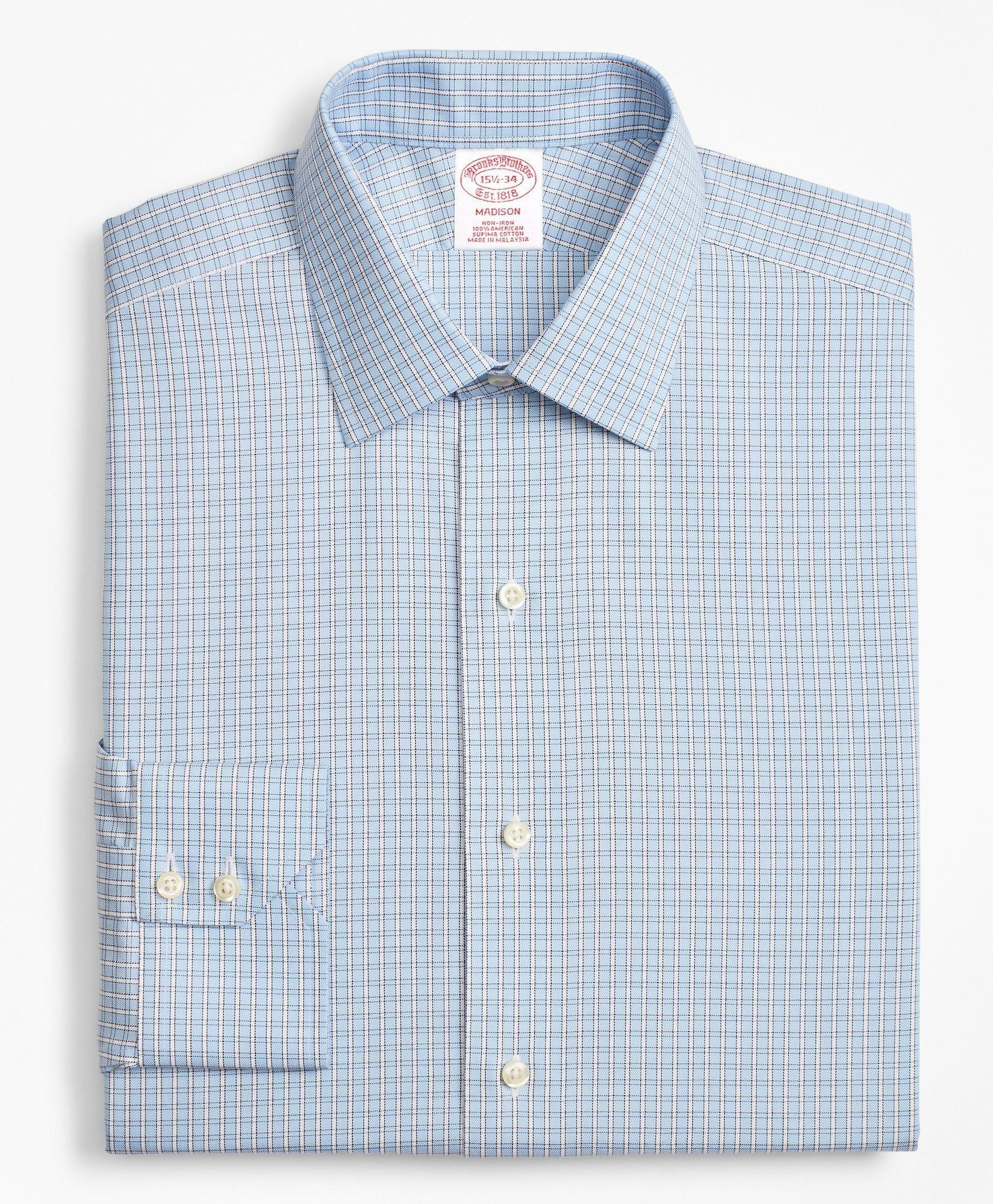 Brooks Brothers Men's Madison Relaxed-Fit Dress Shirt, Non-Iron Two-Tone Framed Windowpane | Light Blue