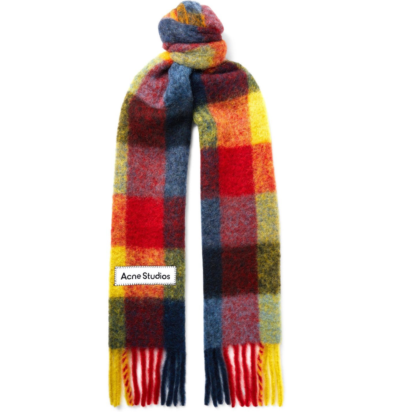 Acne Studios Fringed LogoAppliquéd Checked Knitted Scarf Blue Acne