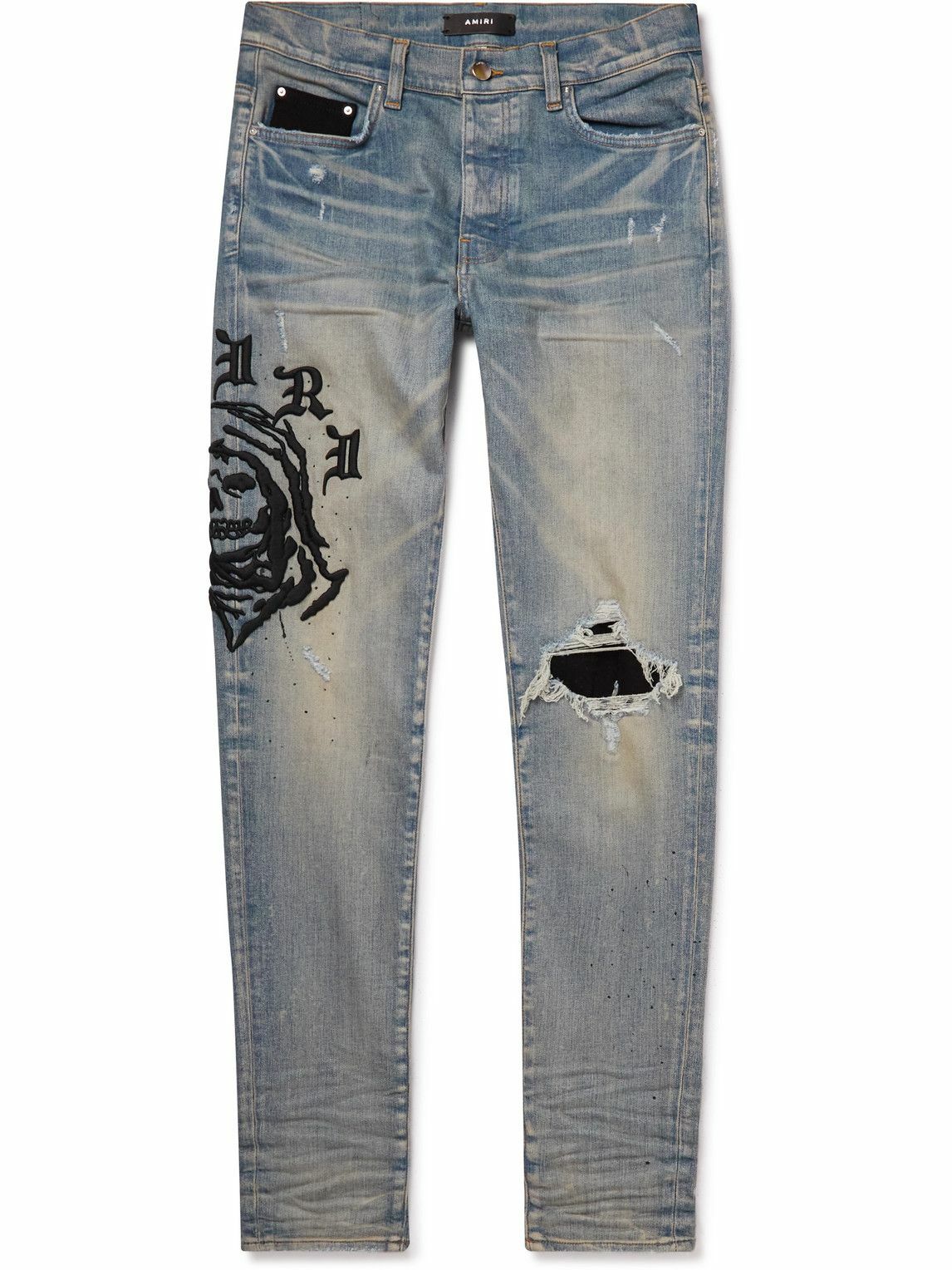 AMIRI Wes Lang SkinnyFit Distressed Embroidered Jeans Blue Amiri