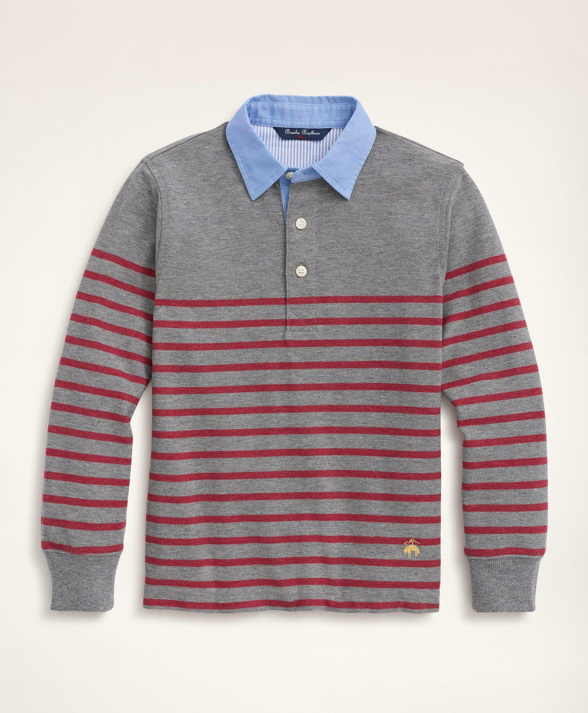 Brooks Brothers Boys Supima Cotton Pique Mariner Stripe Long-Sleeve Polo Shirt | Grey